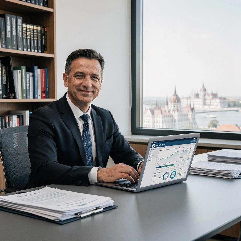 Számviteli szoftver használata, amely a pénzügyi jelentések elkészítését segíti.